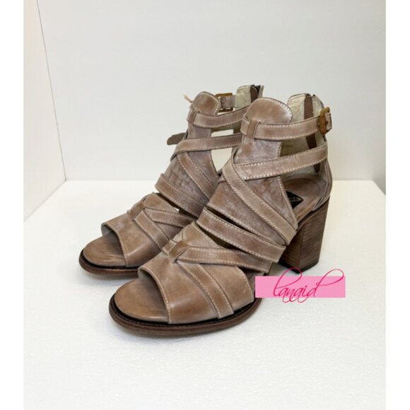 Freebird Claw Taupe Strappy Leather Distressed Heeled Sandals Tan Booties Edgy - Picture 9 of 14